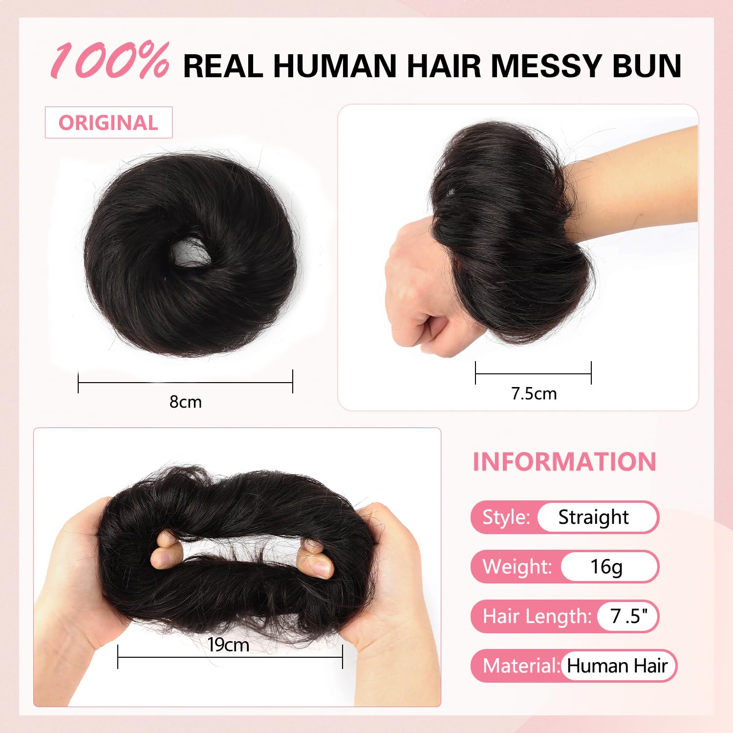 Human Hair Bun Extension #1B Natural Black Wavy Tousled Stretchy Fluffy Donut Updo Human Hair Bun Extension Chignons Scrunchies Ponytail Extensions(1 Count #1B Natural Black