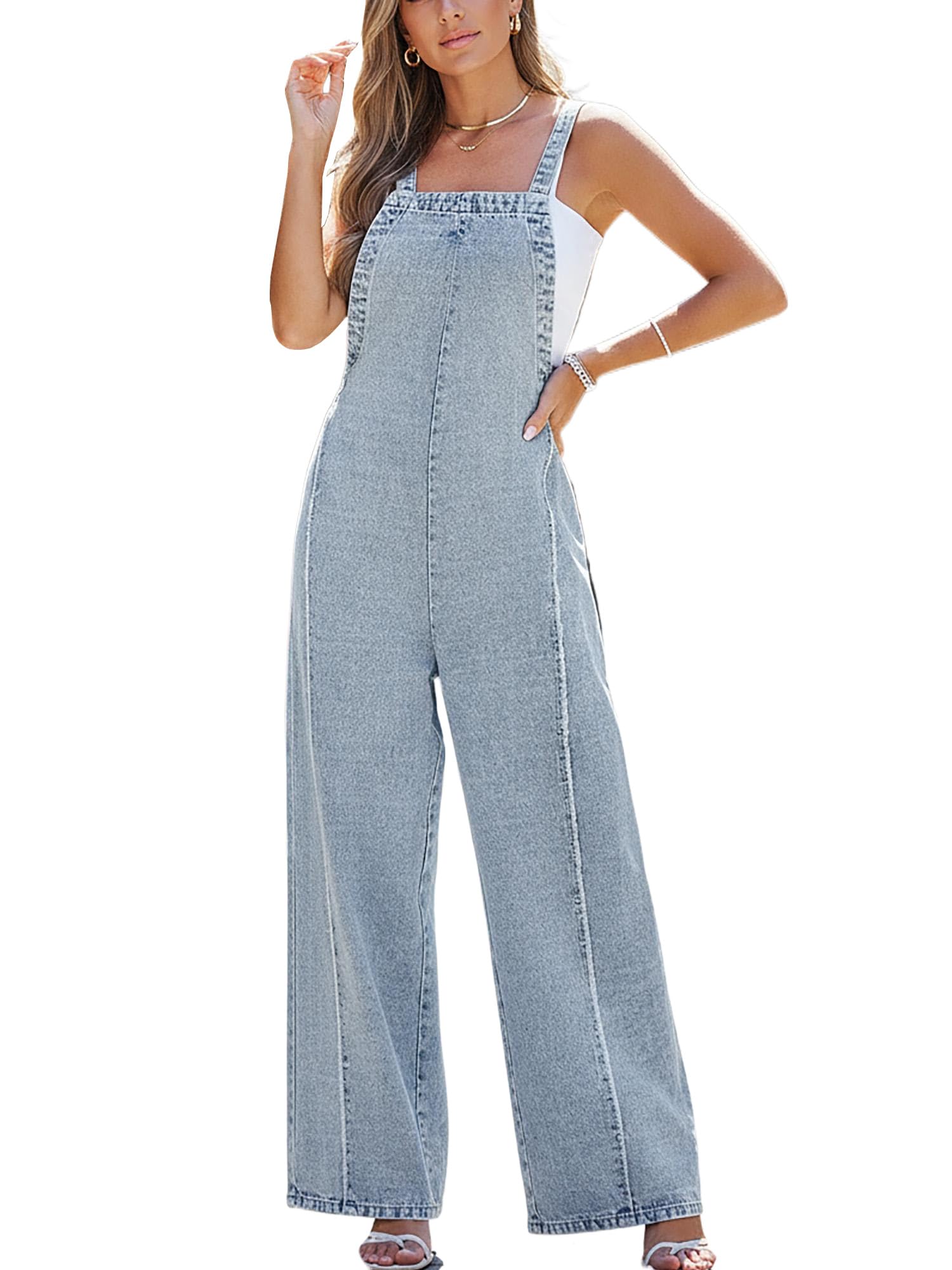 CUPSHE Combinaison longue en jean pour femme - Col carré - Sans manches - Dos nu - Coupe ample - Jambe large - Une pièce