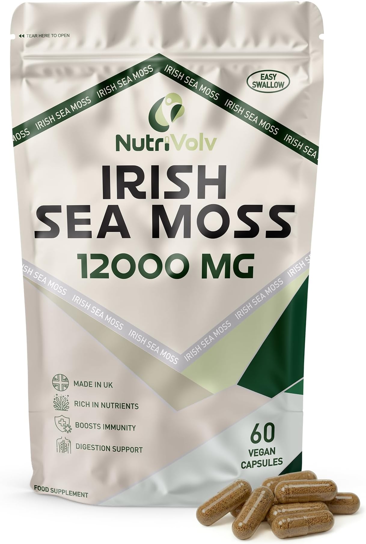 Nutrivolv Irish Sea Moss 12000mg - High Strength Vegan Capsules - Supports Immune System, Skin & Digestive Health - 60 Capsules - Sea Moss Supplement for Energy, Detox & Overall Wellness