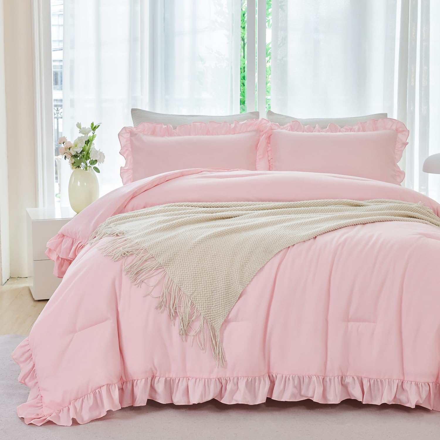 ANGIYUIN 5 Pieces Pink Twin Size Comforter Set for Girls Ruffled Kids Bed in A Bag with Sheet Sets Farmhouse Shabby Bedding Sets with Ruffle Soft Fluffy Bed Sets (Pink Twin) - Image 2