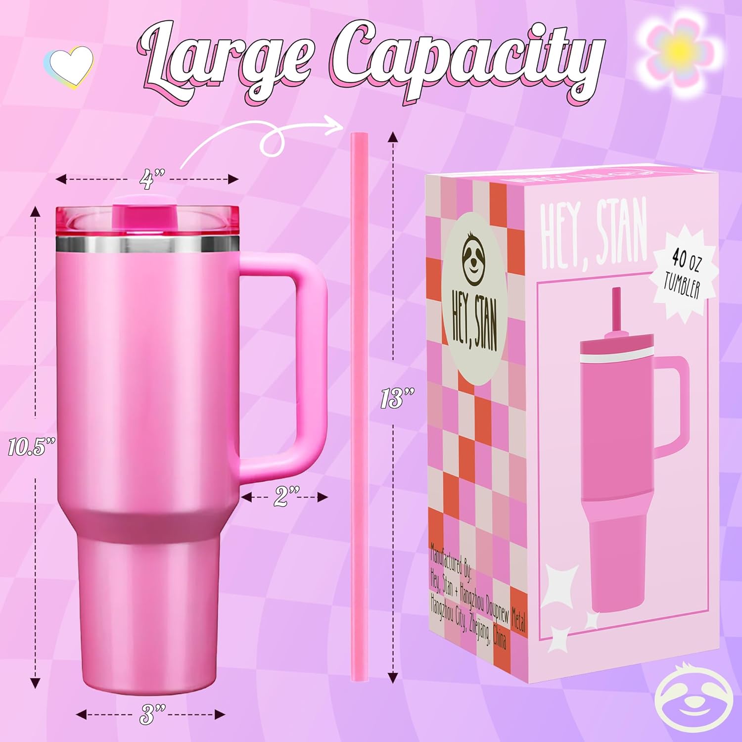 Hey, Stan 40 oz Tumbler with Handle and Straw | Insulated Cup Reusable Water Bottle Stainless Steel | Cupholder Friendly Travel Mug | Double Insulated Pink Water Bottle Tumbler | 40 oz Pink Tumbler - Image 7