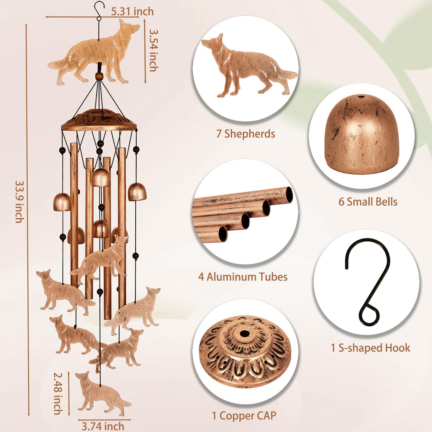 GDNSFIT German Shepherd Wind Chimes for Outside, Metal Windchimes Outdoors, Shepherd Gifts for Women/Men, Memorial/Birthday Gifts, Garden Decor for Outside, Patio or Yard, Durable Chimes for Outdoors