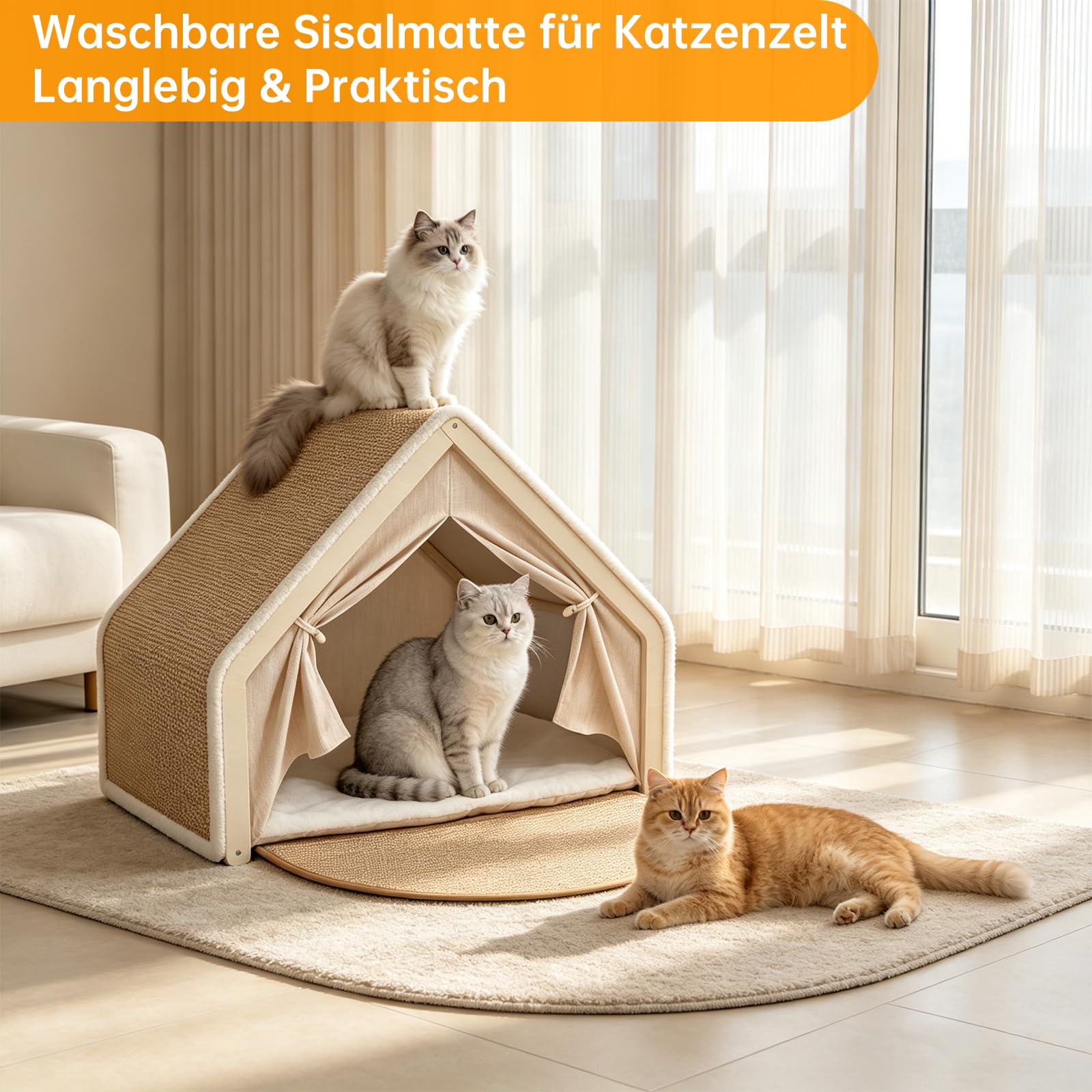 Sisal & Holz Katzenhöhle Katzenhaus Indoor mit Oben Kratzbrett Katze(Beige)