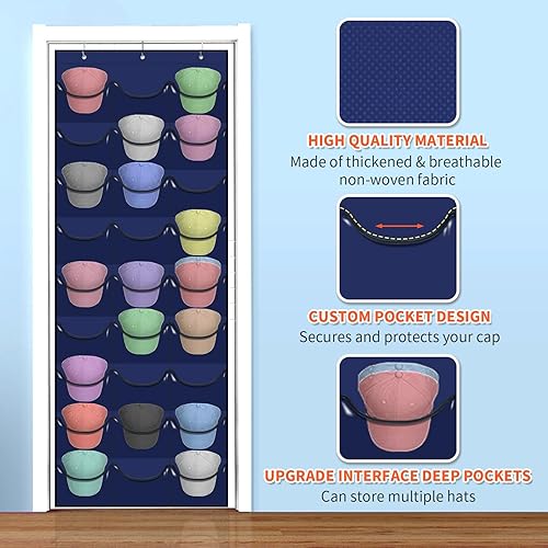Miniatura 3 de Perchero para gorras de béisbol, 27 bolsillos sobre la puerta, organizador de gorras de béisbol, almacenamiento de sombreros para armario, bolsa de