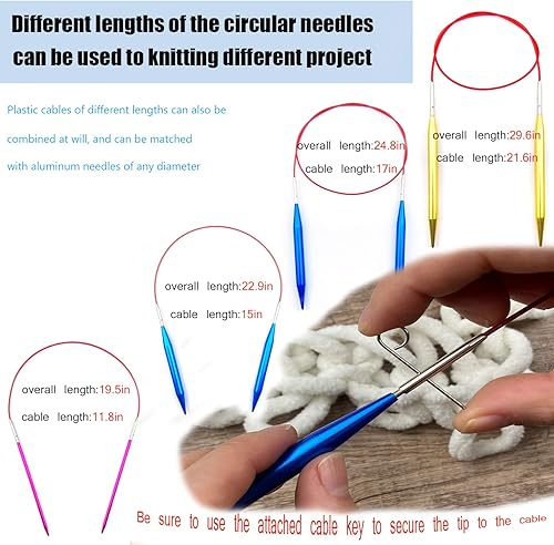 Miniatura 5 de Weabetfu Juego de 60 agujas de tejer circulares intercambiables con estuche, 13 pares de agujas de tejer circulares de aluminio para tejer hechas a