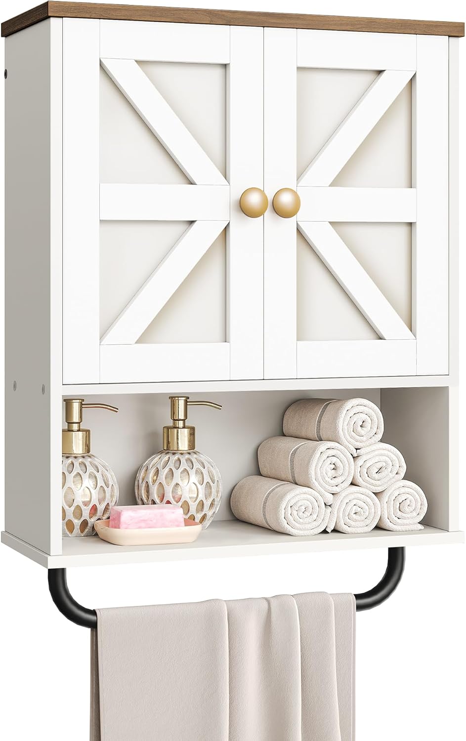 Bathroom Wall Cabinet, Medicine Cabinet with Open Partition and Towel Bar, Rustic Storage Cabinet with Open and Hidden Storage Space, for Bathroom, Living Room, Kitchen, White and Walnut White and Walnut 7.1"D x 18.9"W x 24.8"H