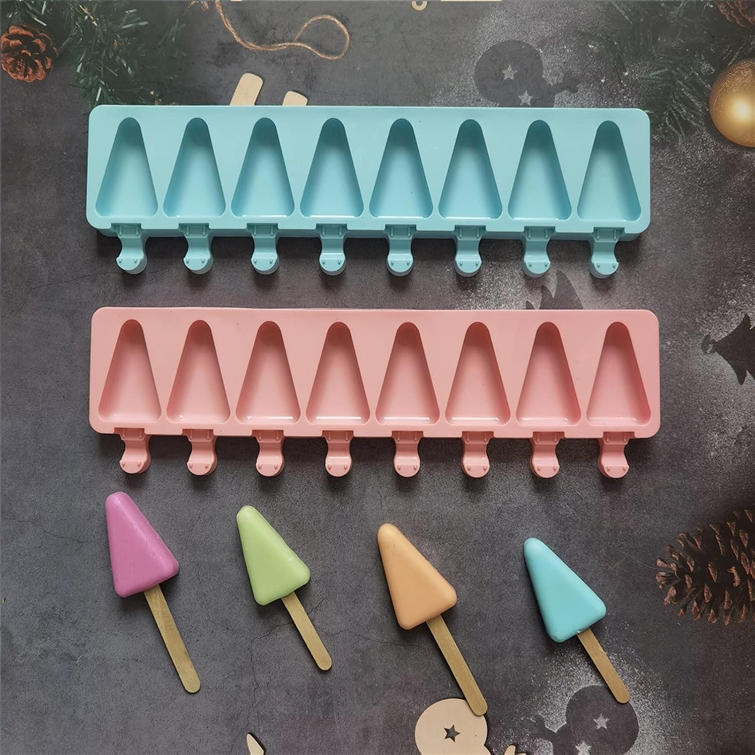 Ice Pop Molds 8-Cavity TriangleSilicone Ice Cream Mold Diamond DIY Homemade Popsicle Moulds Dessert Pop Lolly Maker Reusable Tool(White)