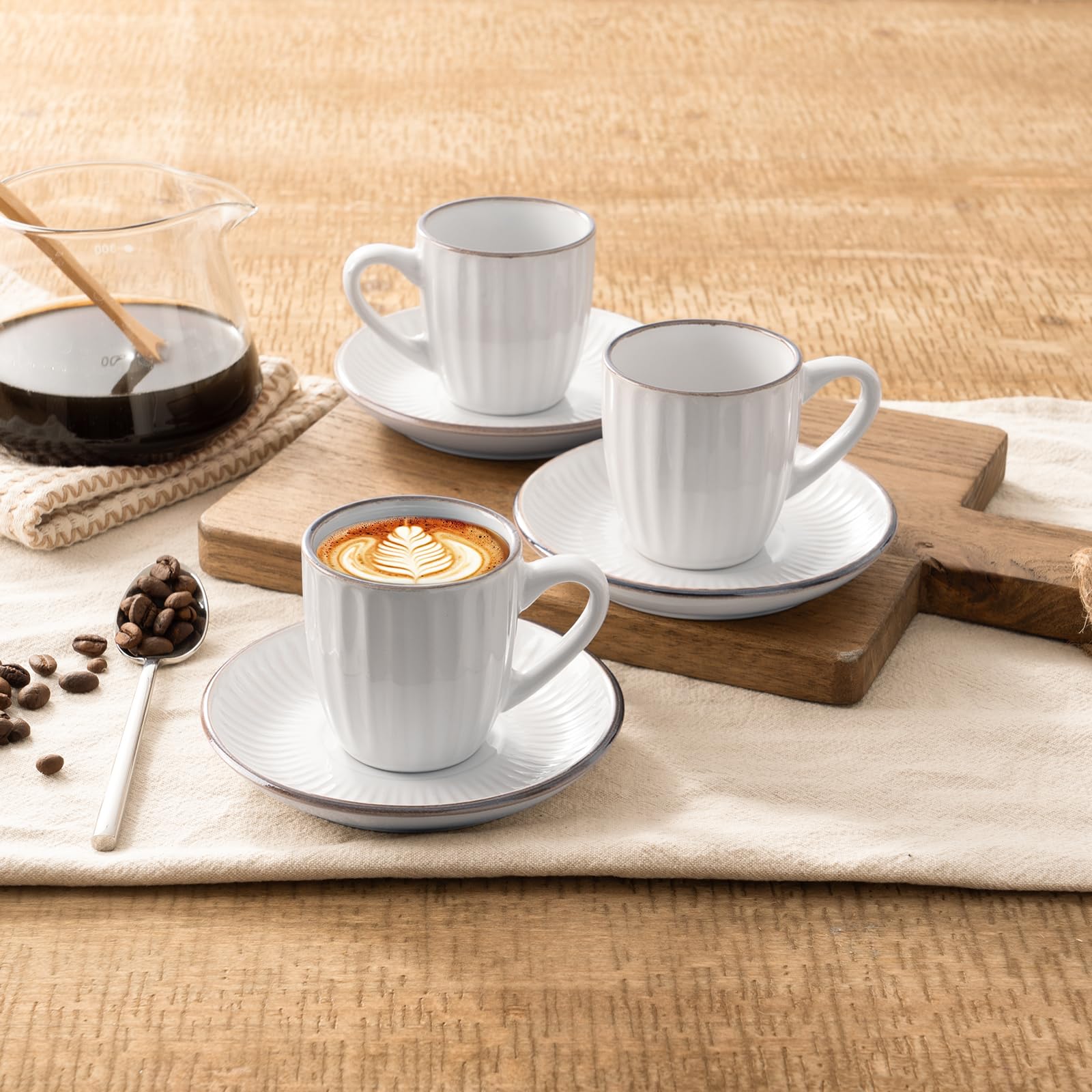 famiware Espresso Cups and Saucers Set of 4, 3 oz Ceramic Small Coffee Mug with Handle, Embossed Stoneware Demitasse Cup for Tea, Latte - Microwave & Dishwasher Safe - White Stripe
