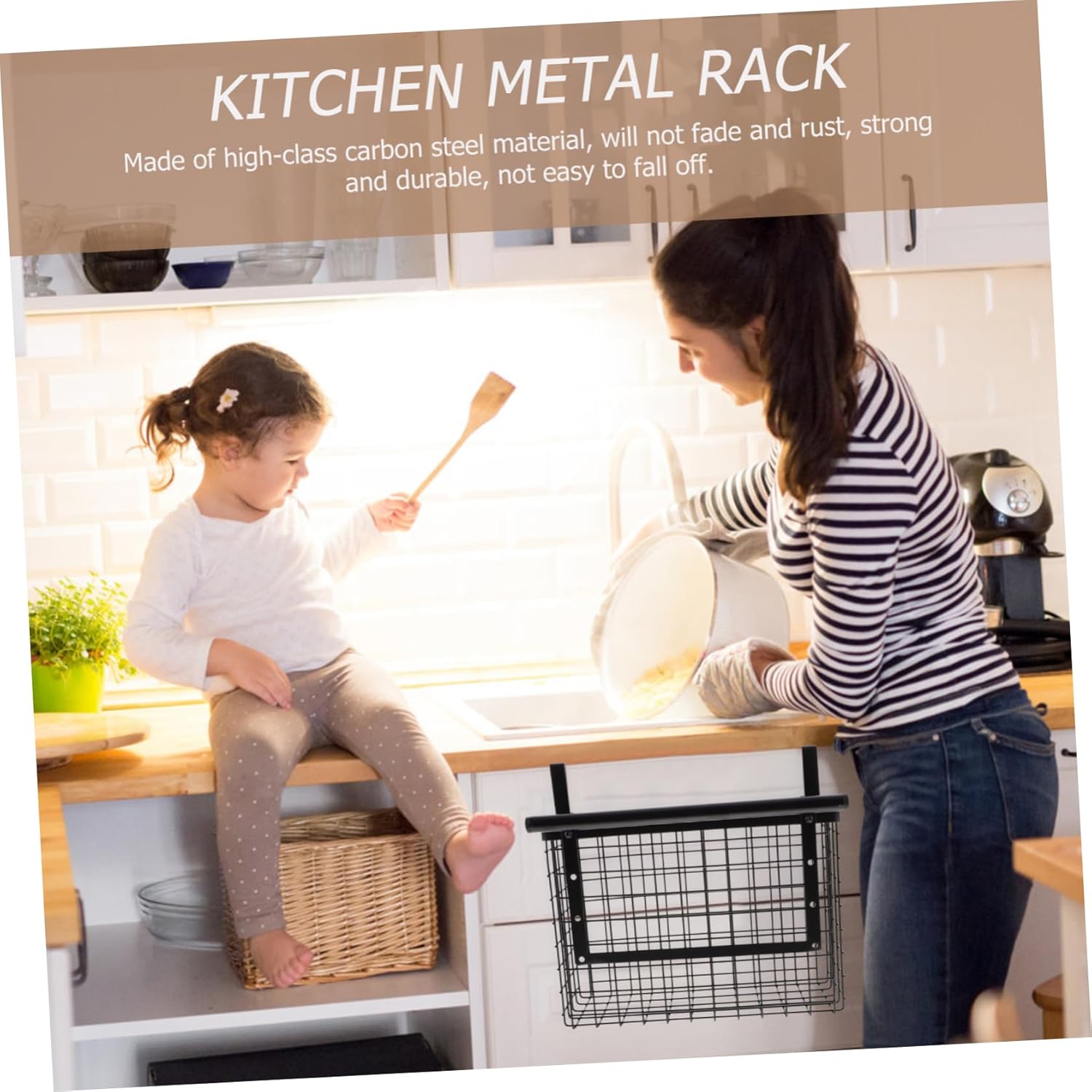 PRETYZOOM Kitchen Wall-mounted Storage Basket Wire Mesh Vegetable Organizer Cabinet Door Hanging Rack 2-in-1 Spice Fruit Container