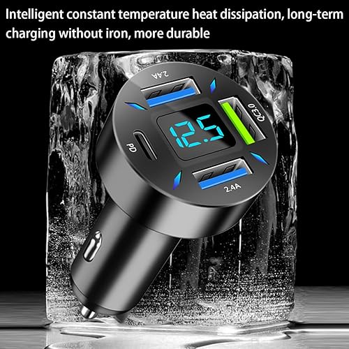 Miniatura 5 de Cargador de coche USB de 4 puertos, carga súper rápida de 66 W con QC 3.0, PD 20 W y adaptador de cargador USB 2.4A, carga rápida con voltímetro