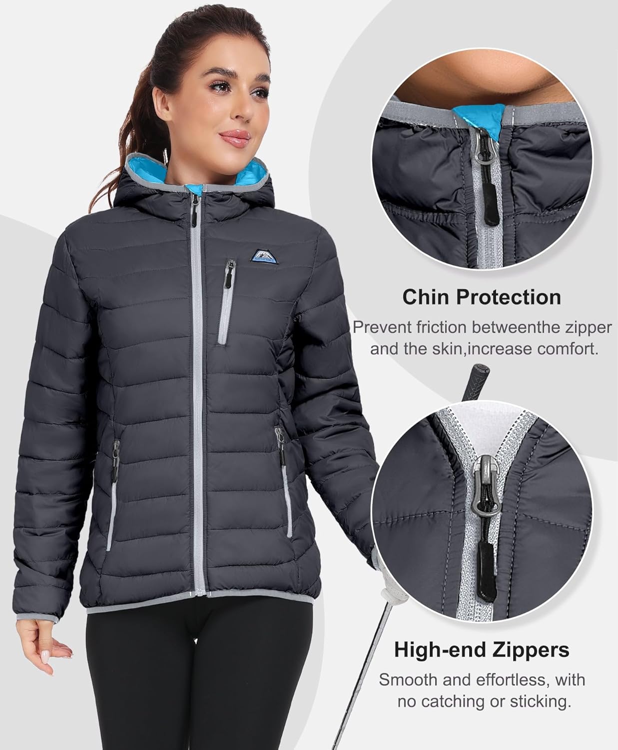 Mapamyumco Women's Packable Puffer Coat, Waterproof Windproof Lightweight Puffer Coat Long Puffer Coat with Hood（Grey XL） - Image 5