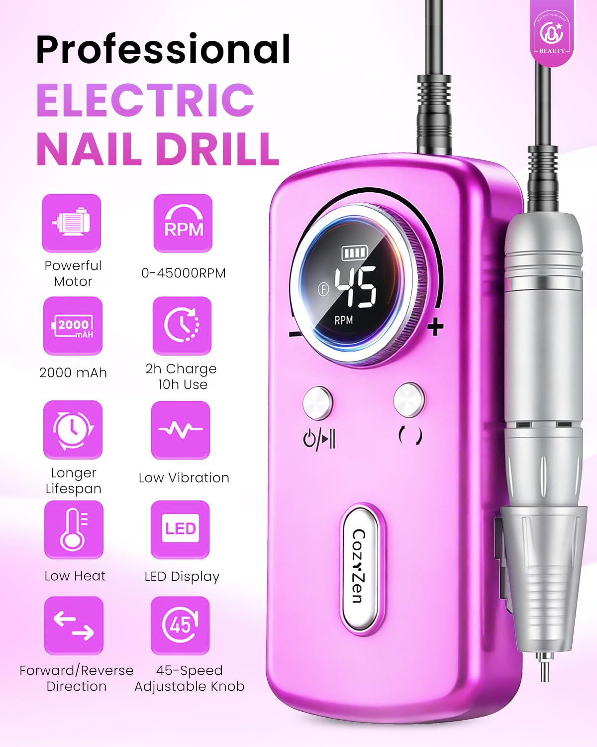 CozyZen Cordless Nail Drill Professional: 45000 RPM Rechargeable Electric Nail File Kit, Portable & Low Noise for Acrylic, Gel Nails, Manicure & Pedicure - Salon & Home Use