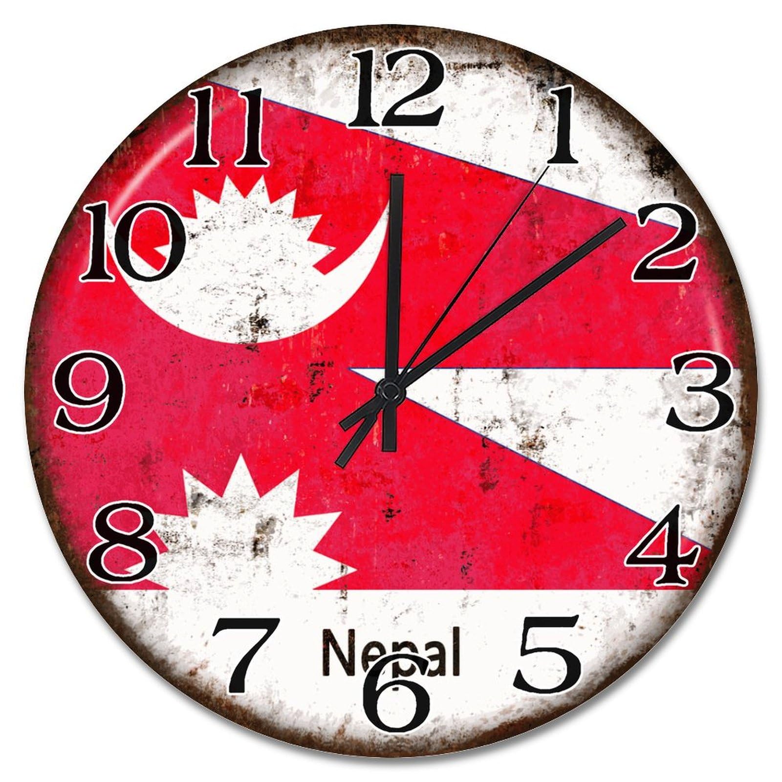 Horloge silencieuse drapeau Népal 38 cm sans tic-tac rustique