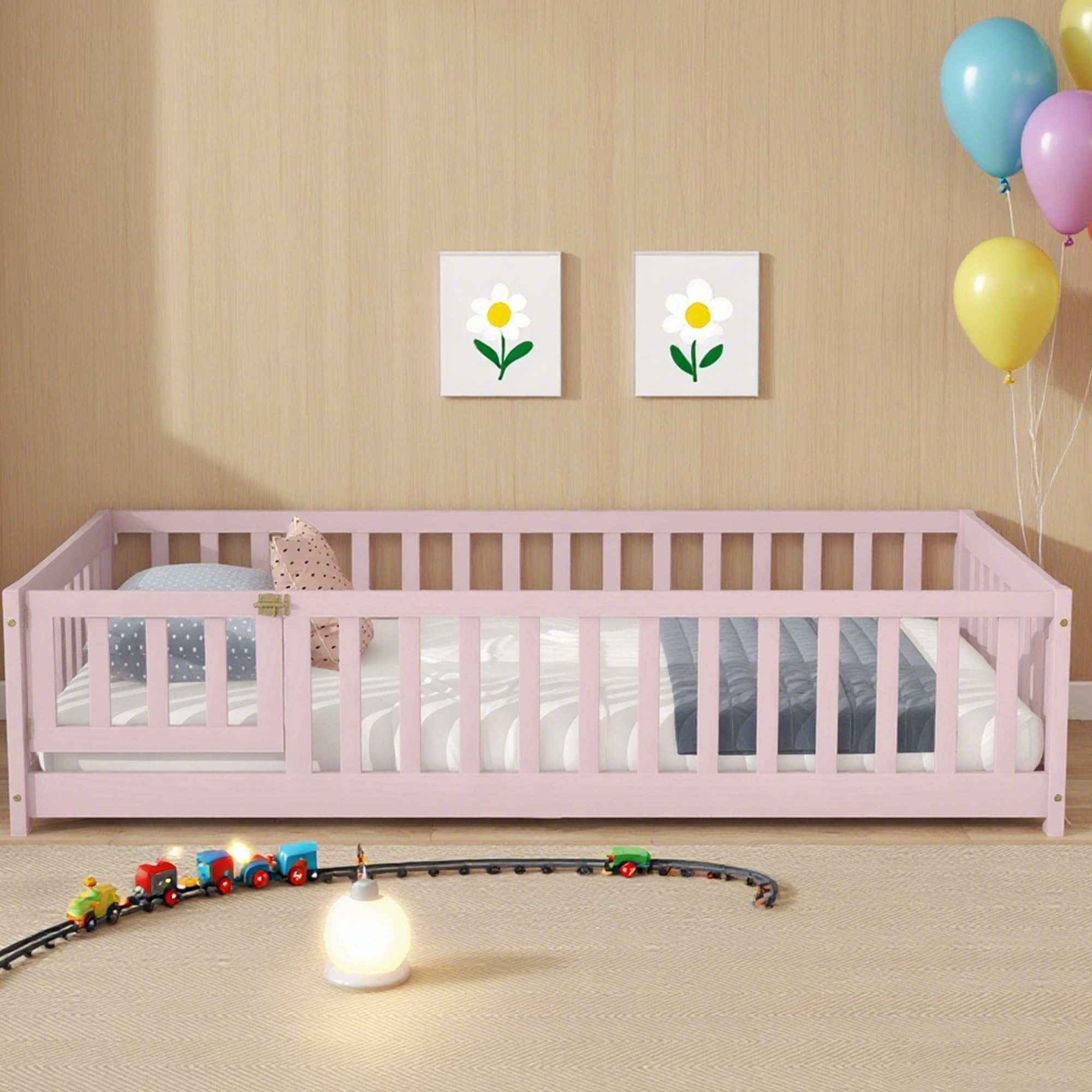 Twin Floor Bed Frame with Slats and Safety Guardrail, Wood Twin Size Montessori Floor Bed with Door and Fence, Easy Assemble Montessori Beds for Kids, Girls, Boys, Pink