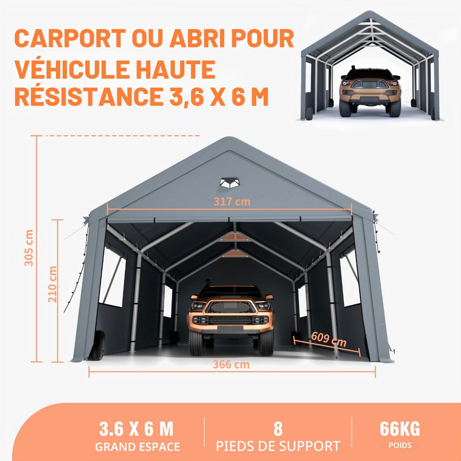 Carport Tente de garage extra large résistante à l'hiver 3,6 x 6 m avec fenêtre enroulable pour voiture, SUV, bateaux et camions – Parois latérales et toit amovibles