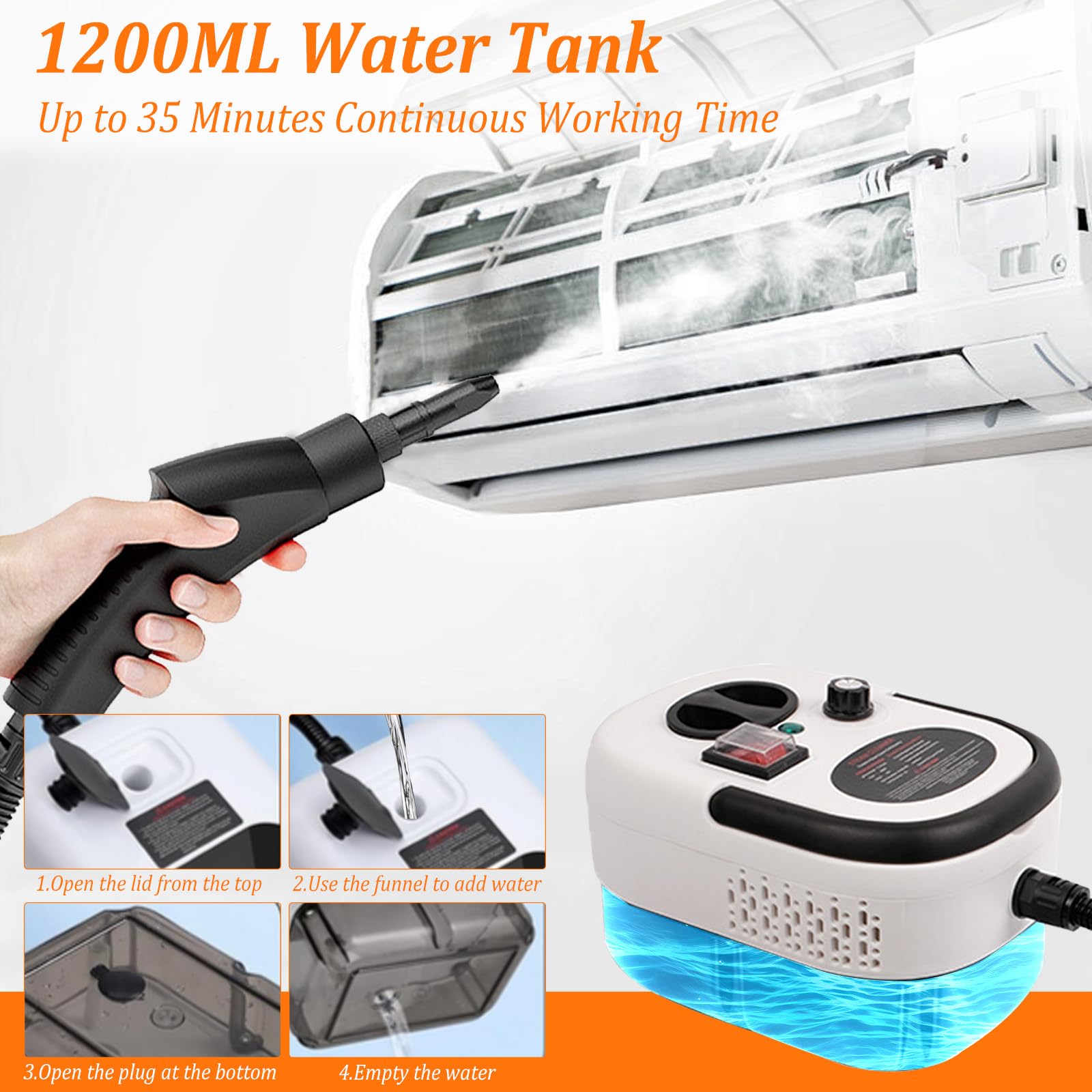 Limpiador a Vapor Alta Presión, 3,0 bar 2500W Vaporeta Limpieza Hogar Depósito de Agua 1,2L, Portátil Maquina de Vapor Limpieza para Hogar, Cocina, Baño, Coche, Suelos, Alfombras, Sofás