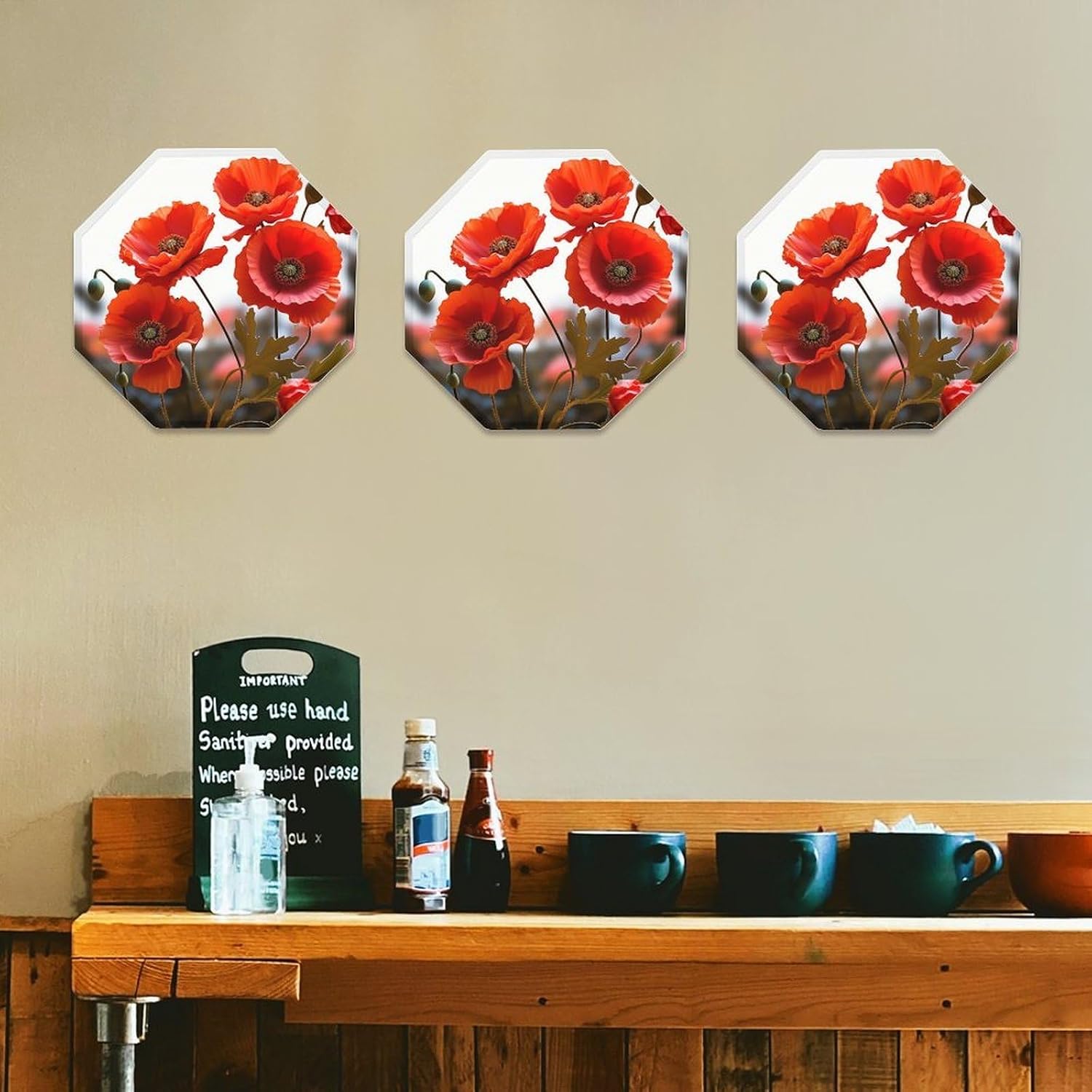 Ctagon Metal Sign for Home, Modern Display Plate for Kitchen, Poppy Flowers Vivid Petals Plates Accent Hanging Wall Decorations 3PCS for Living Room, Bedroom, Hallway, Hotel