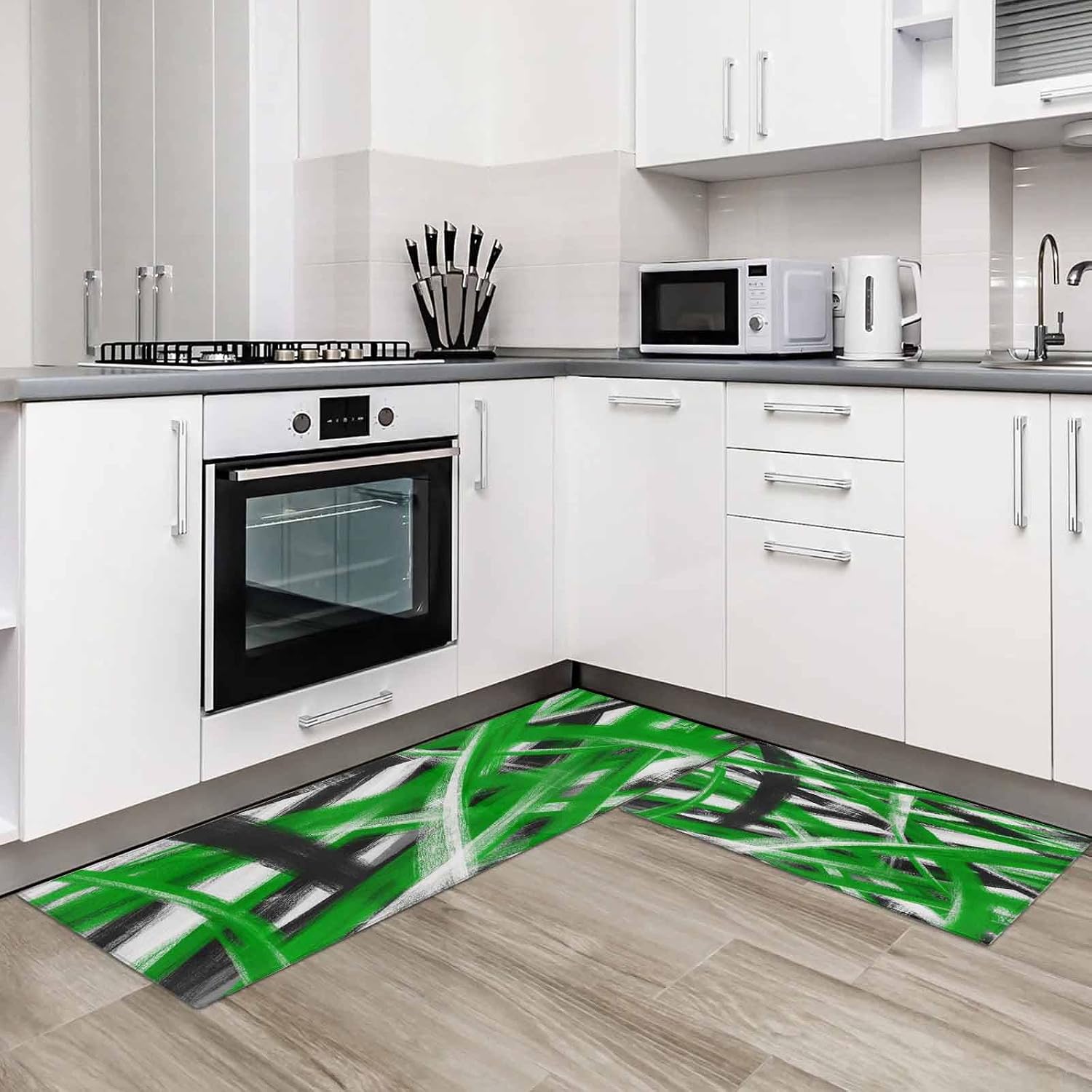 Kitchen Mats for Floor Abstract Green White Black Striped Washable Non Slip Kitchen Rugs 2PCS, Geometric Art Absorbent Standing Mats for Sink Bathroom Office Living Room 15.7x23.6in+15.7x47.2in