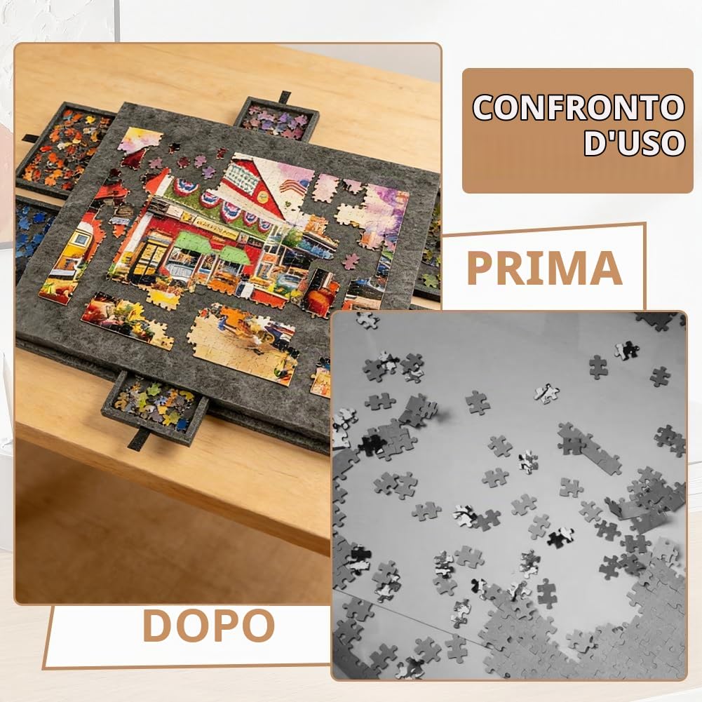 Puzzle con 6 cassetti, 1000 pezzi, puzzle con supporto 2 in 1 e coperchio, colore nero