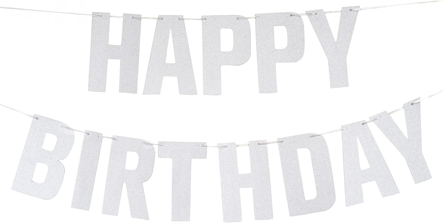 Silver Happy Birthday Banner, Prestrung Glitter Happy Birthday Sign for Birthday Party Decorations