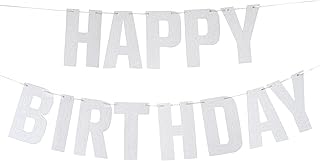 Silver Happy Birthday Banner, Prestrung Glitter Happy Birthday Sign for Birthday Party Decorations