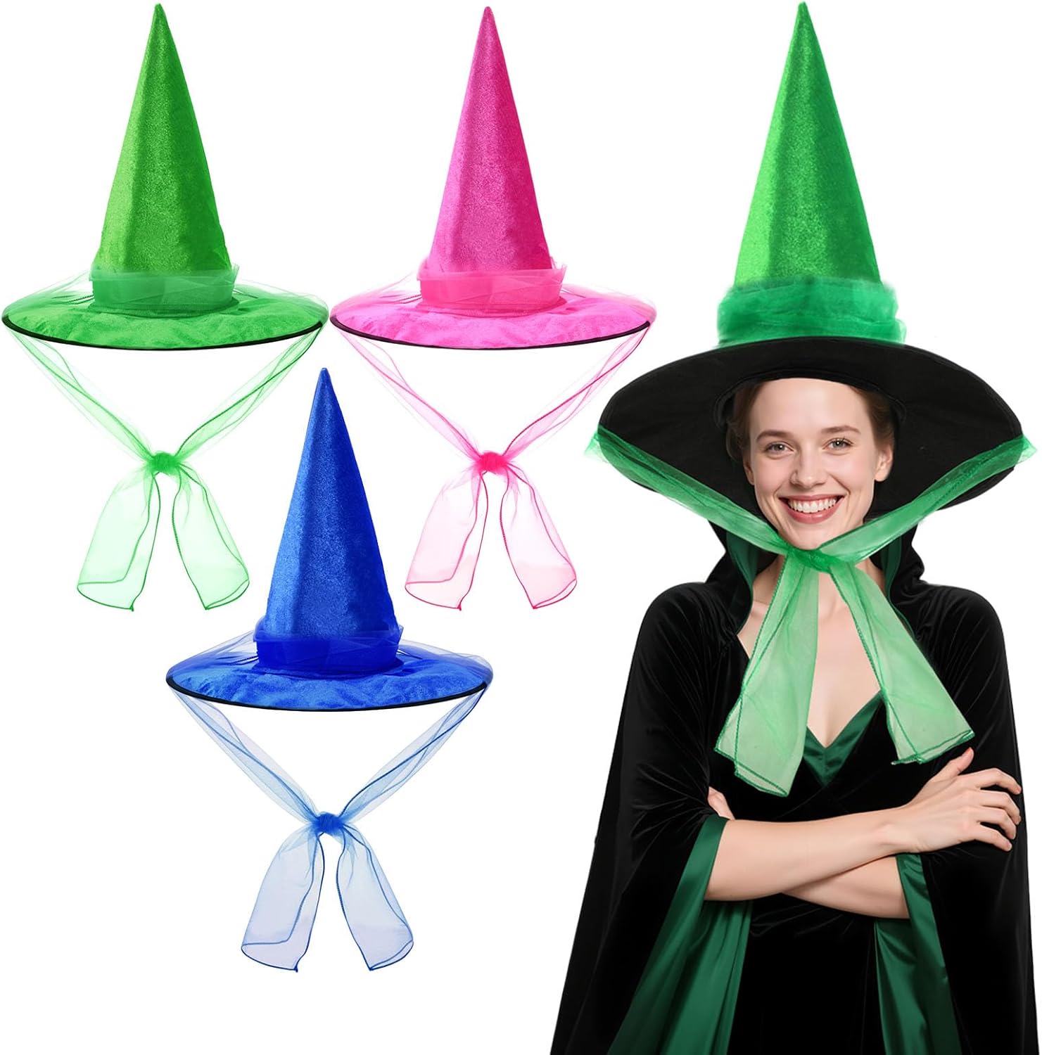 3 Sets Halloween Fairy Hats Green Blue and Pink Fairy Wizard Hat for Halloween Witch Costume Cosplay Party