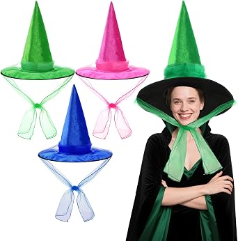 3 Sets Halloween Fairy Hats Green Blue and Pink Fairy Wizard Hat for Halloween Witch Costume Cosplay Party