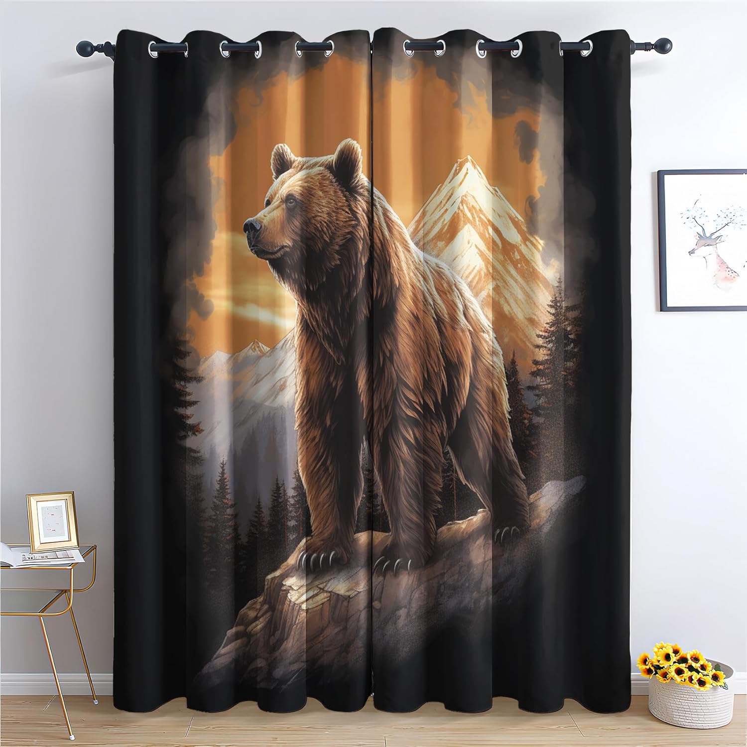 Bear Curtains for Bedroom Living Room, Woodland Animal Blackout Curtains & Home Decor, Forest Animal Window Curtains, Thermal Room Darkening Grommet Drapes, 45 Inch Curtains 2 Panel Set