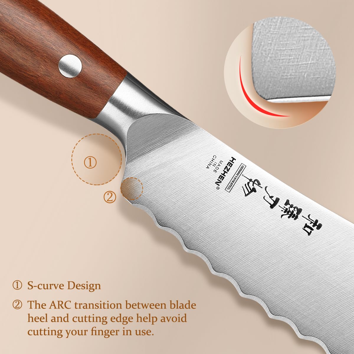 HEZHEN Profi Tomatenmesser Rostfreier Stahl, Wellenschliff Hartstahl Auberginenmesser, Scharfe Gezahnte Klinge Brotzeitmesser, Frühstücksmesser Full Tang Holzgriff