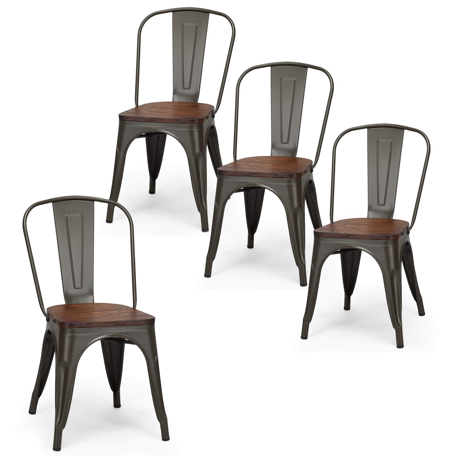 GOPLUS Lot de 4 Chaises en Métal Salle à Manger, Chaises avec Assise de Style Industriel, Vintage en Bois Massif, Tabouret Empilable avec Dossier pour Jardin Balcon (Vintage)