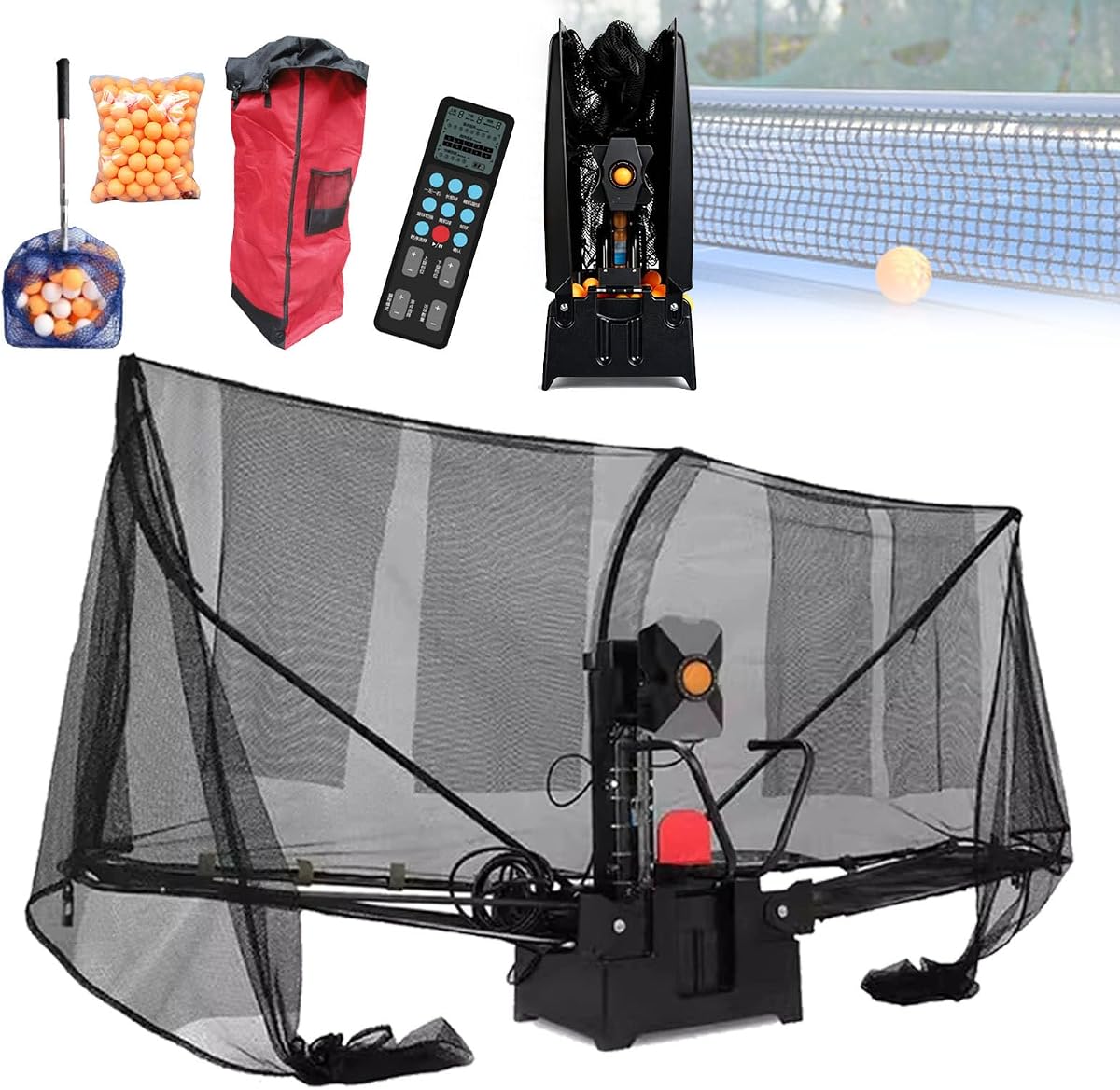 Table Tennis Robot with Net, Programmable Ping Pong Ball Machine with Custom Drills, 9 Landing Points, 200 Balls Included, for Home Club Gym