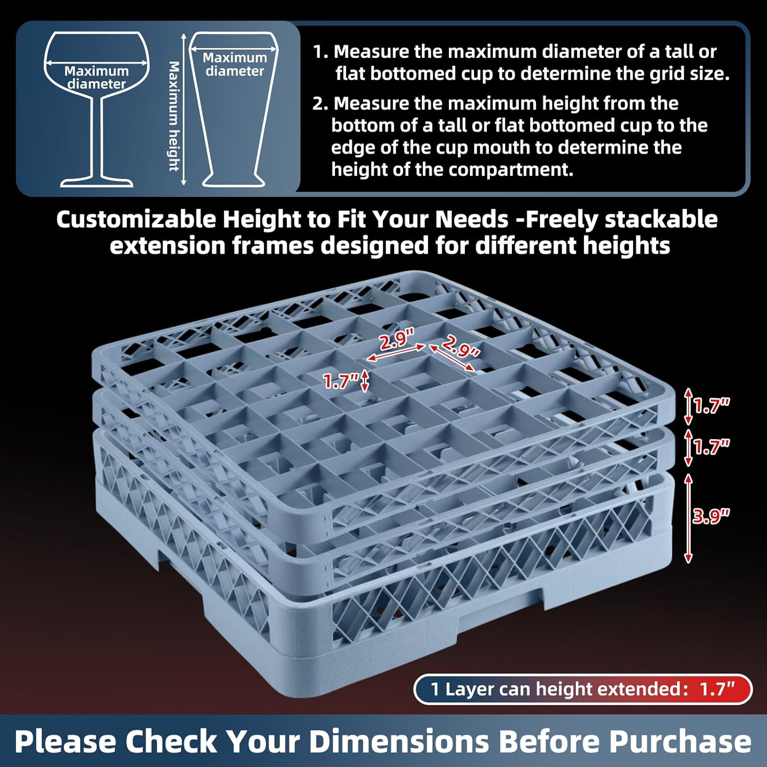 Commercial Cup Rack 36 Compartments with 2 Extenders Heavy-Duty Countertop Organizer for Restaurants, Bars & Cafes Space-Saving Durable Dishwasher Drying Rack