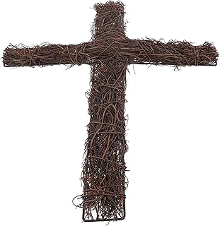 Garneck 16 Inch Rattan Cross Outdoor Garden Cemetery Grave Cross Rings Vine Branch Wreath Rustic Crucifix for DIY Craft Easter Party Decoration
