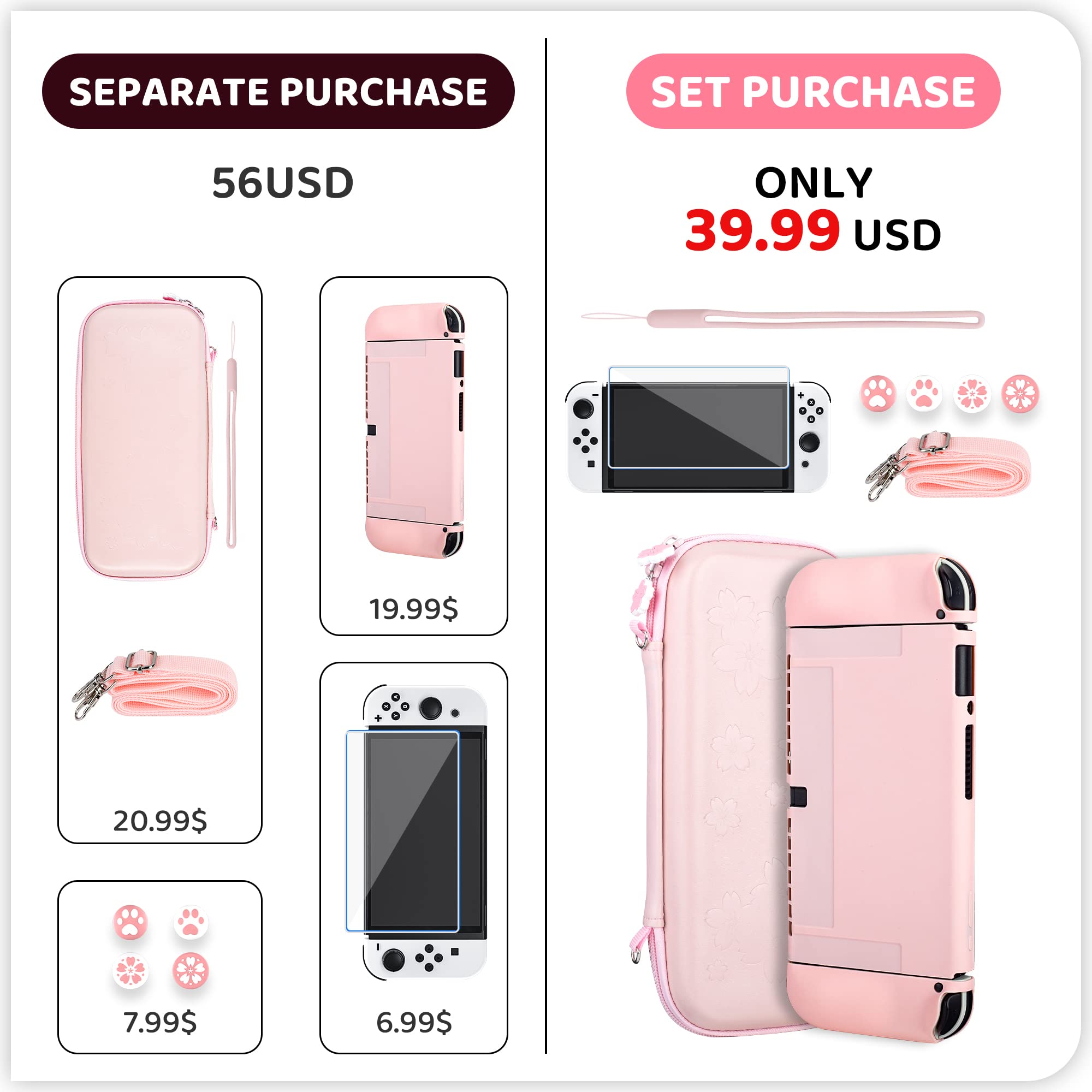 RHOTALL Custodia per Nintendo Switch OLED, custodia per Switch OLED con cover morbida, pellicola proteggi schermo, 4 tappi per pollice, cinturino da polso e tracolla, rosa