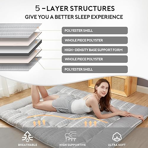 Miniatura 9 de Aigbiot Colchón de futón japonés plegable de tatami, tapete de dormir enrollable con funda lavable para adultos, niños, invitados, individual,