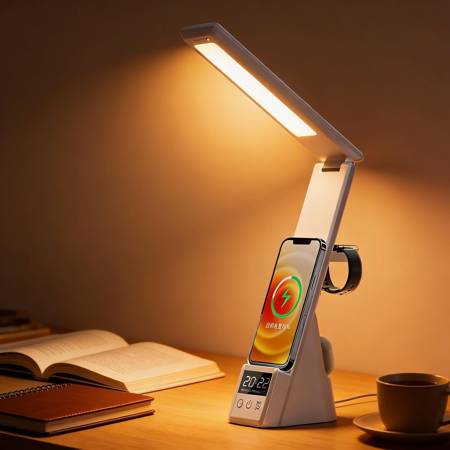 Multi-Functional Desk lamp with Wireless Charger, Featuring Clock, Alarm, Adjustable Lighting, and Supporting All wirelessly Chargeable Phones, Watches, and Earphones, N61 White.