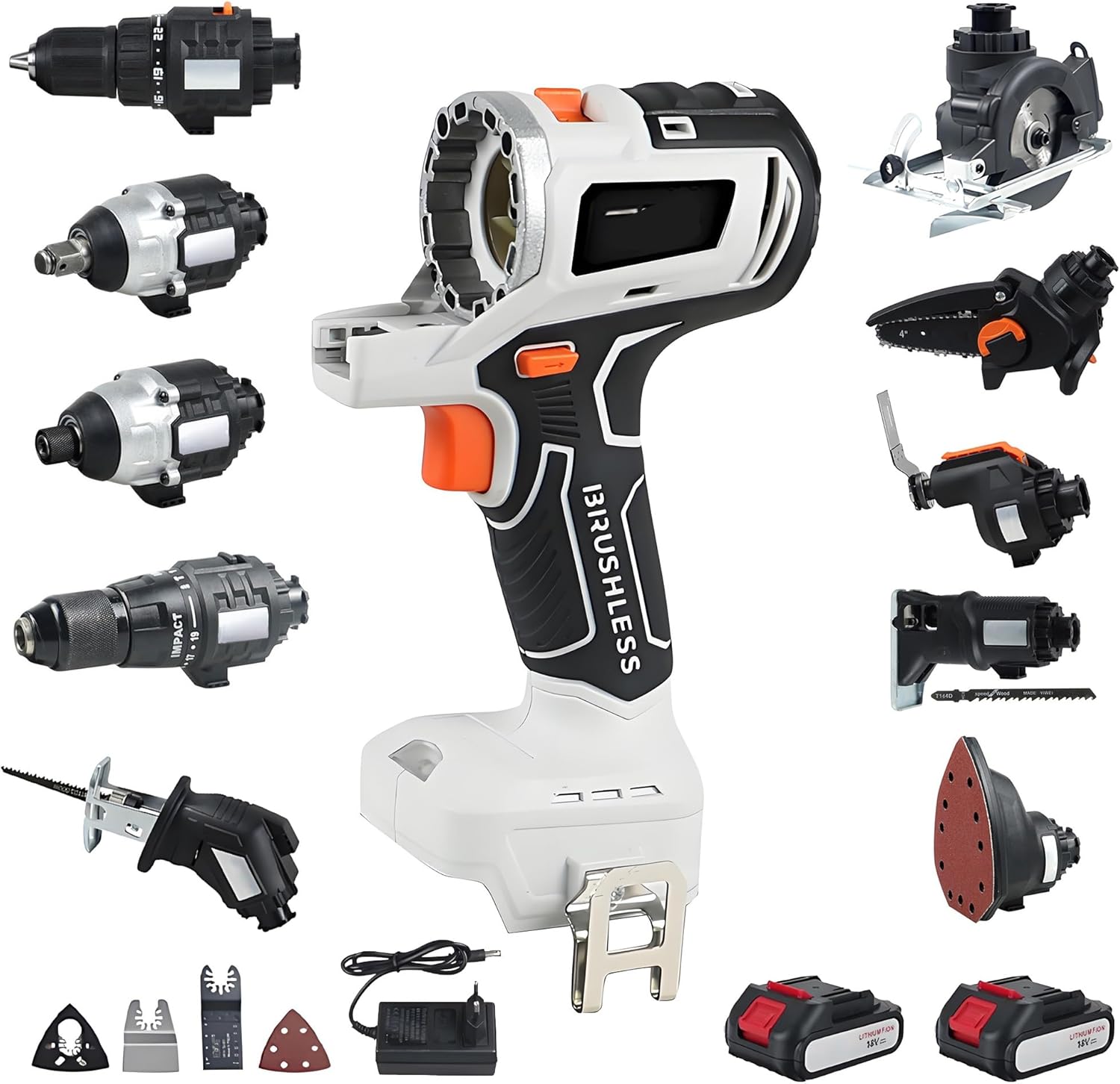 Cordless Power Tool Combo Kit, 10-Tool Multi-Functional Woodworking Tool Set with Drill, Circular Saw, Recip Saw, Grinder, Impact Driver, 2 Batteries and Tool Box