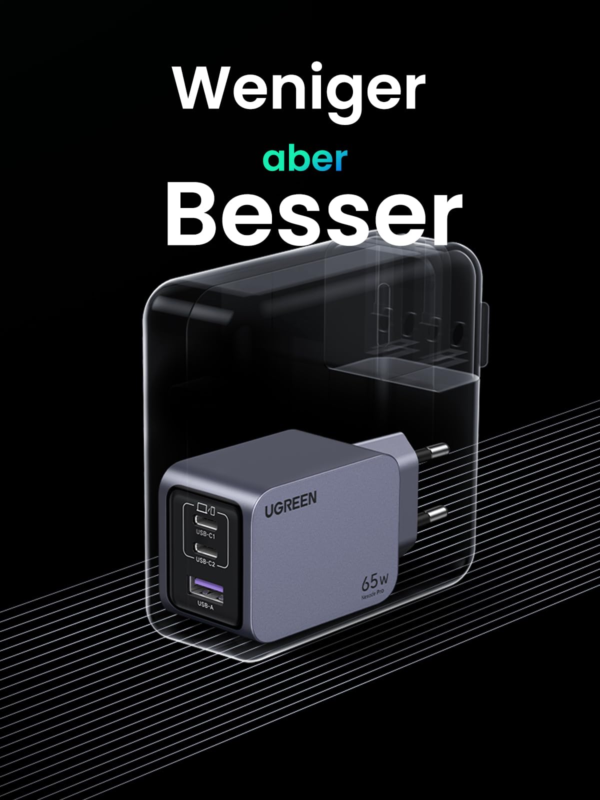 UGREEN Nexode Pro USB C Ladegerät 65W, Mini GaN Charger 3-Port | Schnellladegerät PPS 45W, ideal für unterwegs, kompatibel mit MacBook Pro/Air/Neo, iPad, iPhone 17, Galaxy S25 Ultra,Dell XPS