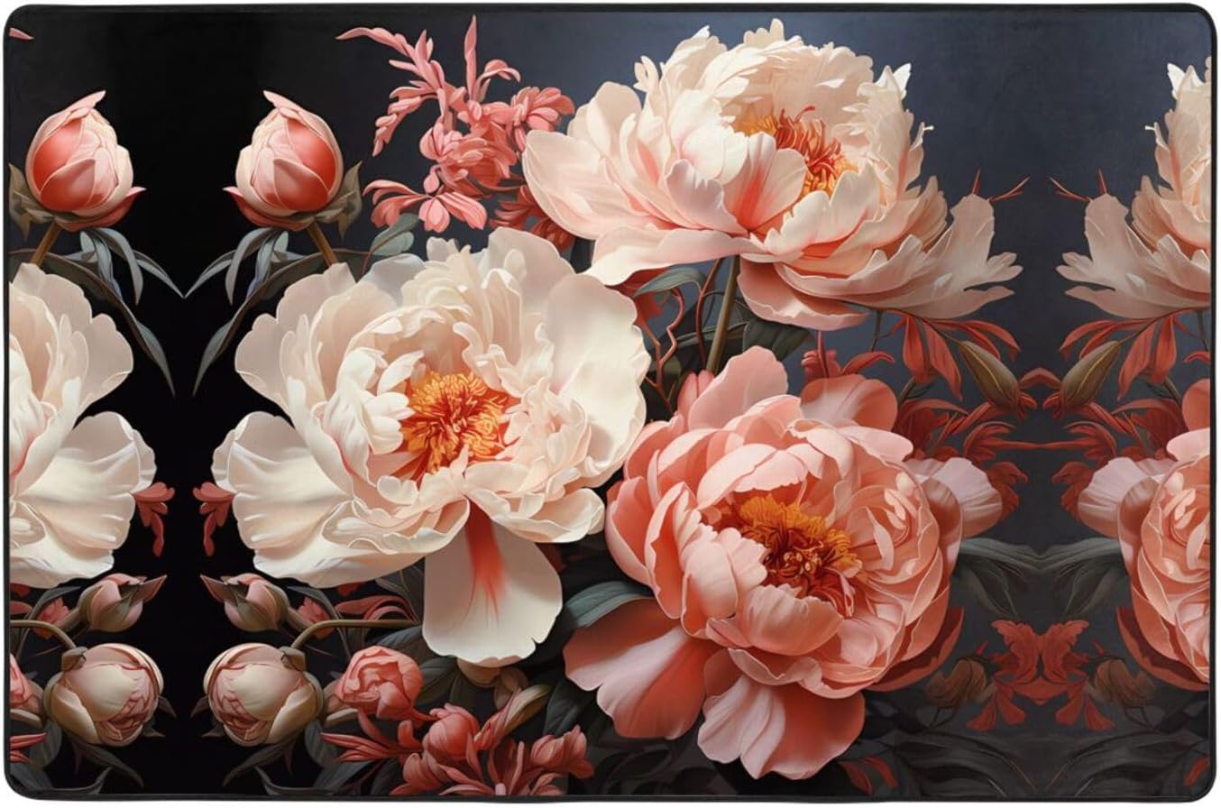 Bright White Peonies Printed Anti-Slip Floor mat Carpet Rug 72"x48" for Living Room Office Coffee Table Bed Balcony