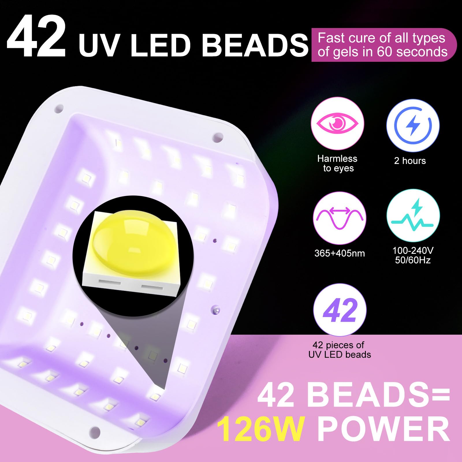 Lampada per unghie senza fili, luce UV per unghie in gel, ricaricabile, professionale, 42 perline, sensore automatico per nail art a casa e nei saloni (diamante rosa)