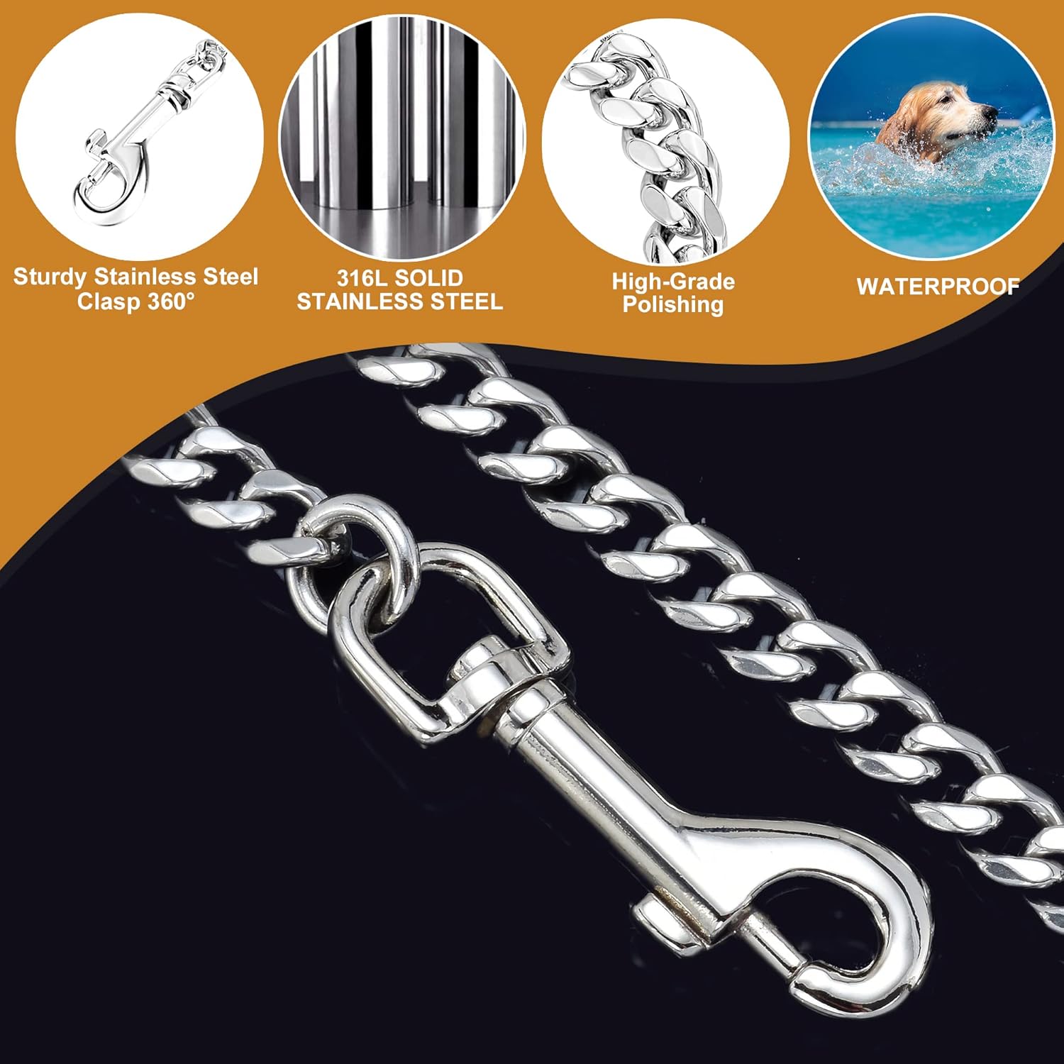 Dog Chain Leash 3FT 4.3FT Stainless Steel 10mm Cuban Link Dog Leash with Comfortable Genuine Leather Handle for Puppy Small Medium Large Dogs(G, 4.3FT)