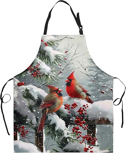 Delantales de invierno con 2 bolsillos, diseño de pájaro cardenal para Navidad, vacaciones, nieve, escena, ajustable, para mujeres y hombres, para