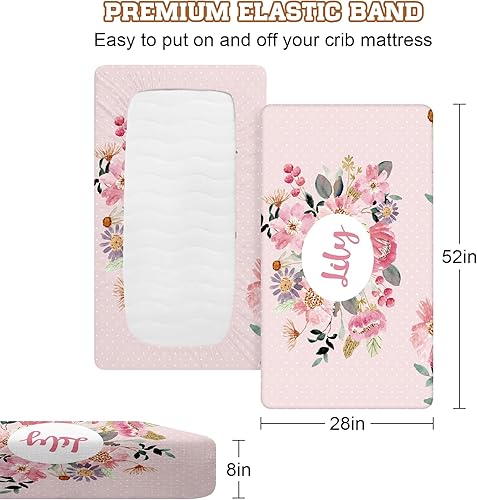 Miniatura 2 de Sábanas personalizadas para cuna  Paquete de 2 sábanas portátiles de flores para cuna con nombre, juego de ropa de cama personalizado para guardería