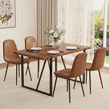 FURNITO 55" Dining Room Table Set for 4, Mid Century Modern Dining Table Set with Upholstered Chairs, Rustic Dark Wood Kitchen Table and Chairs Set for Living Room, Space-Saving & Easy Assembly