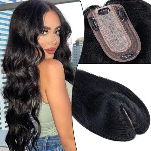 S-noilite Topper Hiar - Parte superior de cabello humano de seda para mujer, densidad del 130 %, hecho a mano, clip en la parte superior, parte