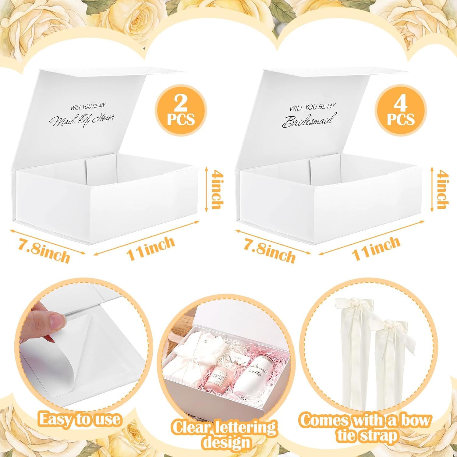 Marspark 6 Pcs Bridesmaid Proposal Box with Bow 11" x 7.87" x 3.5" Magnetic Closure Lid Gift Boxes Large Collapsible Boxes for Wedding Groomsmen Proposal & Bridesmaid