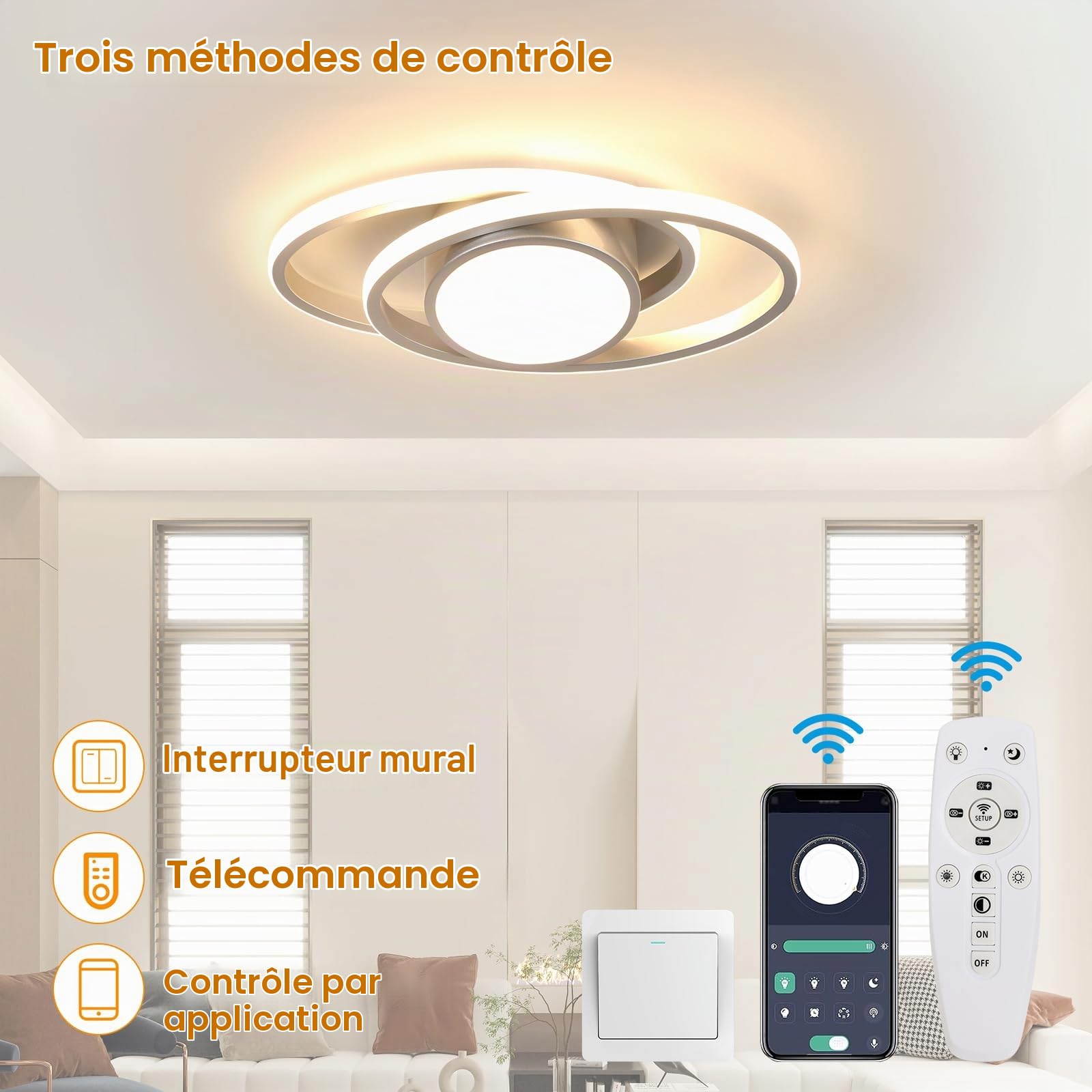 39W 4387LM Plafonnier LED Dimmable 3000K-6500K Rond Argenté 38.5CM