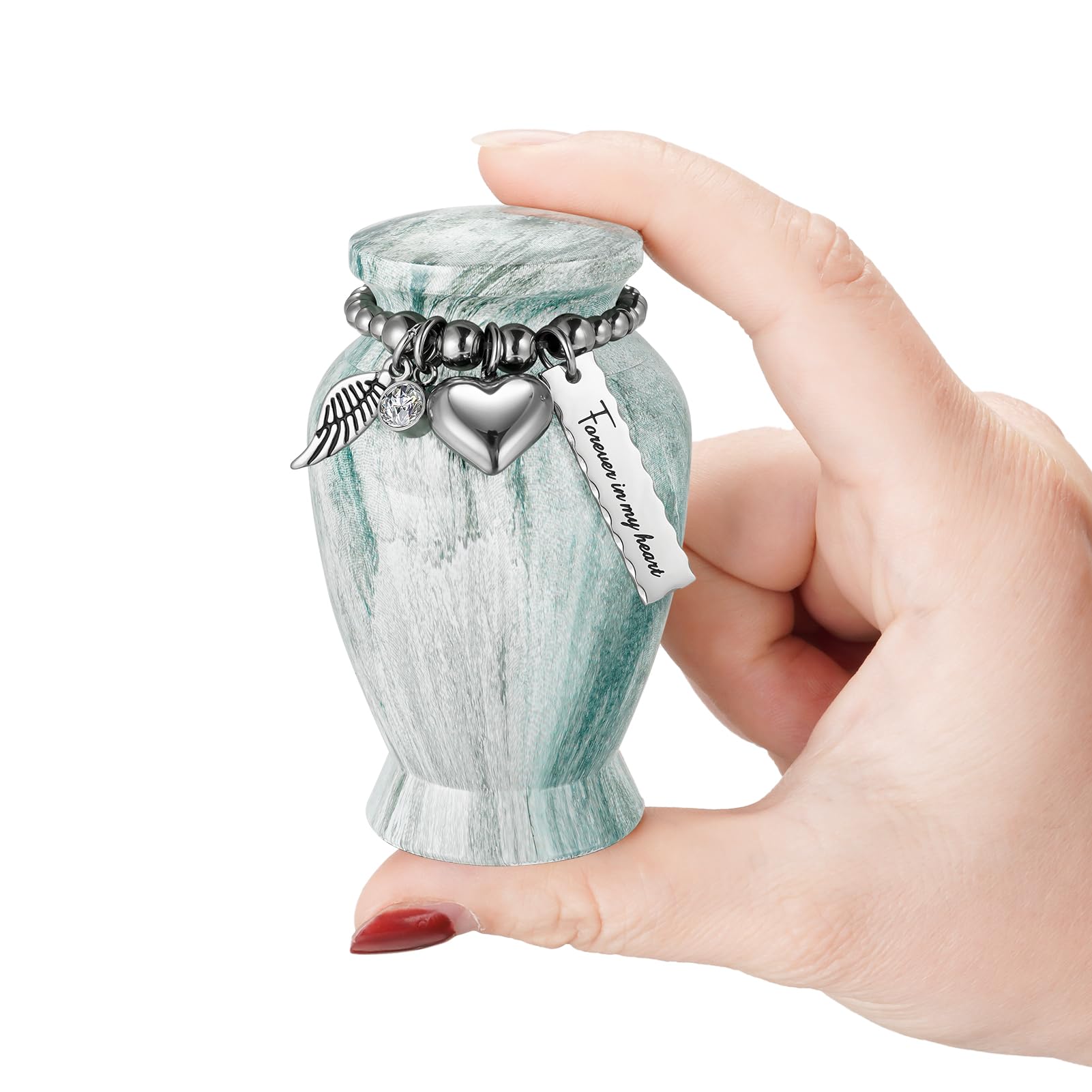 Memorials Small Urns for Human Ashes Keepsake Aluminum Mini Urns for Ashes with Angel Wing Charm Decorative Burial Urn Funeral Cremation Urns for Women and Men (Light Green Heart)