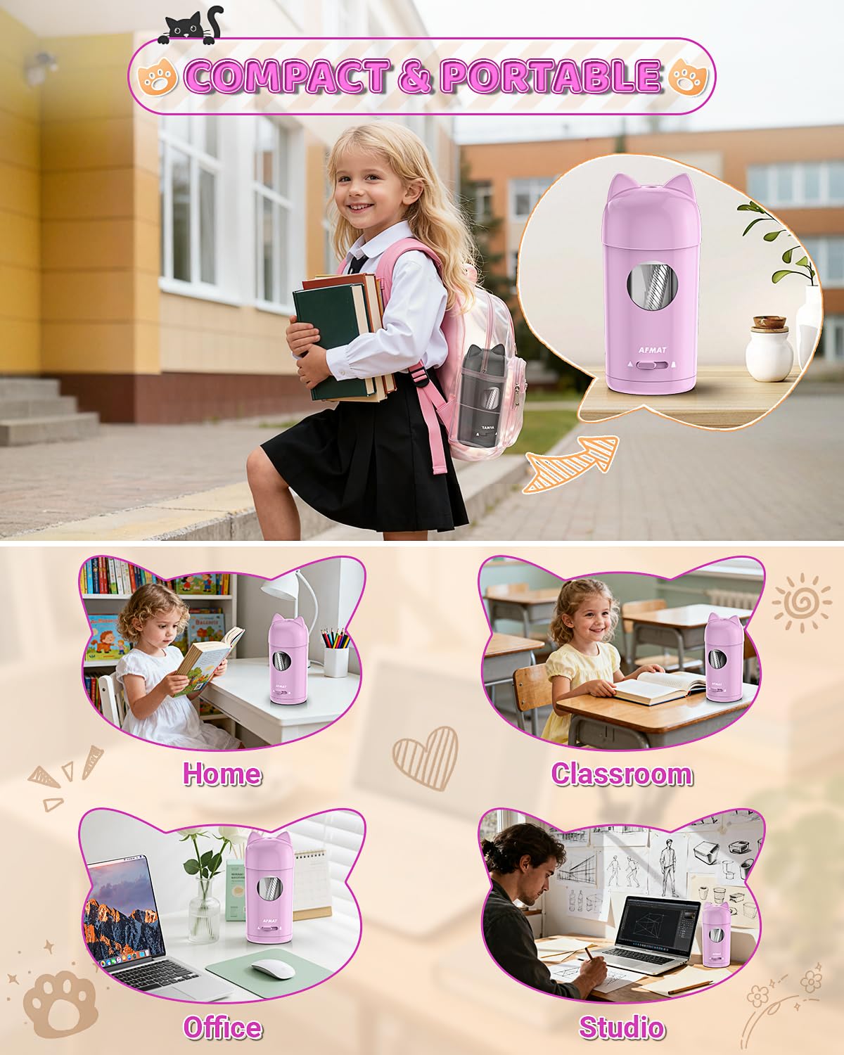 AFMAT Elektrischer Spitzer, Katzen Ohren Anspitzer für Dicke und Dünne Stifte (7-8mm), Autostop – Dosenspitzer Kinder, Büro & Homeschooling, Automatischer Bleistiftspitzer mit Sammelbehälter,Lila PSX9