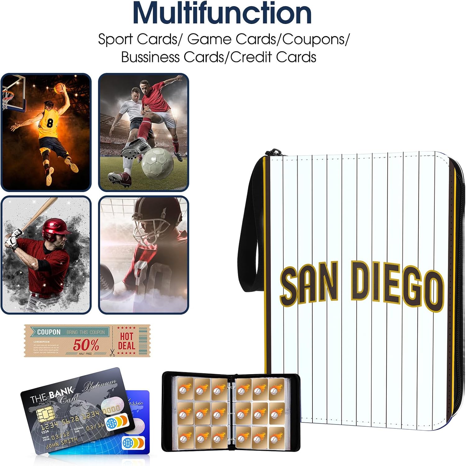 Baseball Card Binder with Sleeves 900 Pocket, San Diego Baseball Trading Card Holder Collector Album Sports Trading Card 3 Ring Binder Storage Book Folder Case